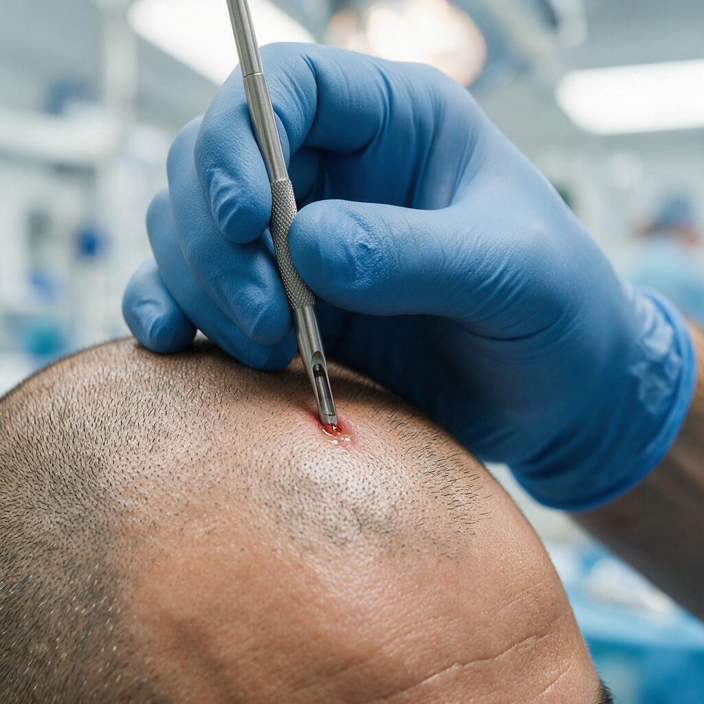 Surgeon's gloved hands using a precision FUE micro-punch on a patient's donor scalp