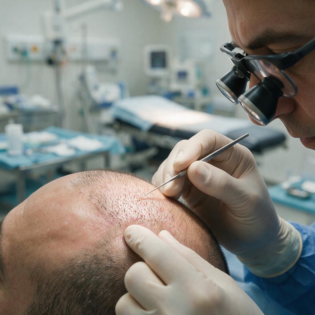 Surgeon examining a previous hair transplant for repair under magnification