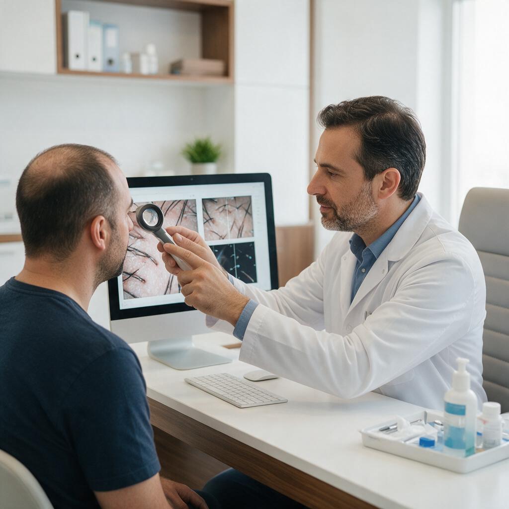 Hair transplant surgeon examining a patient's scalp with a dermatoscope during a clinic consultation