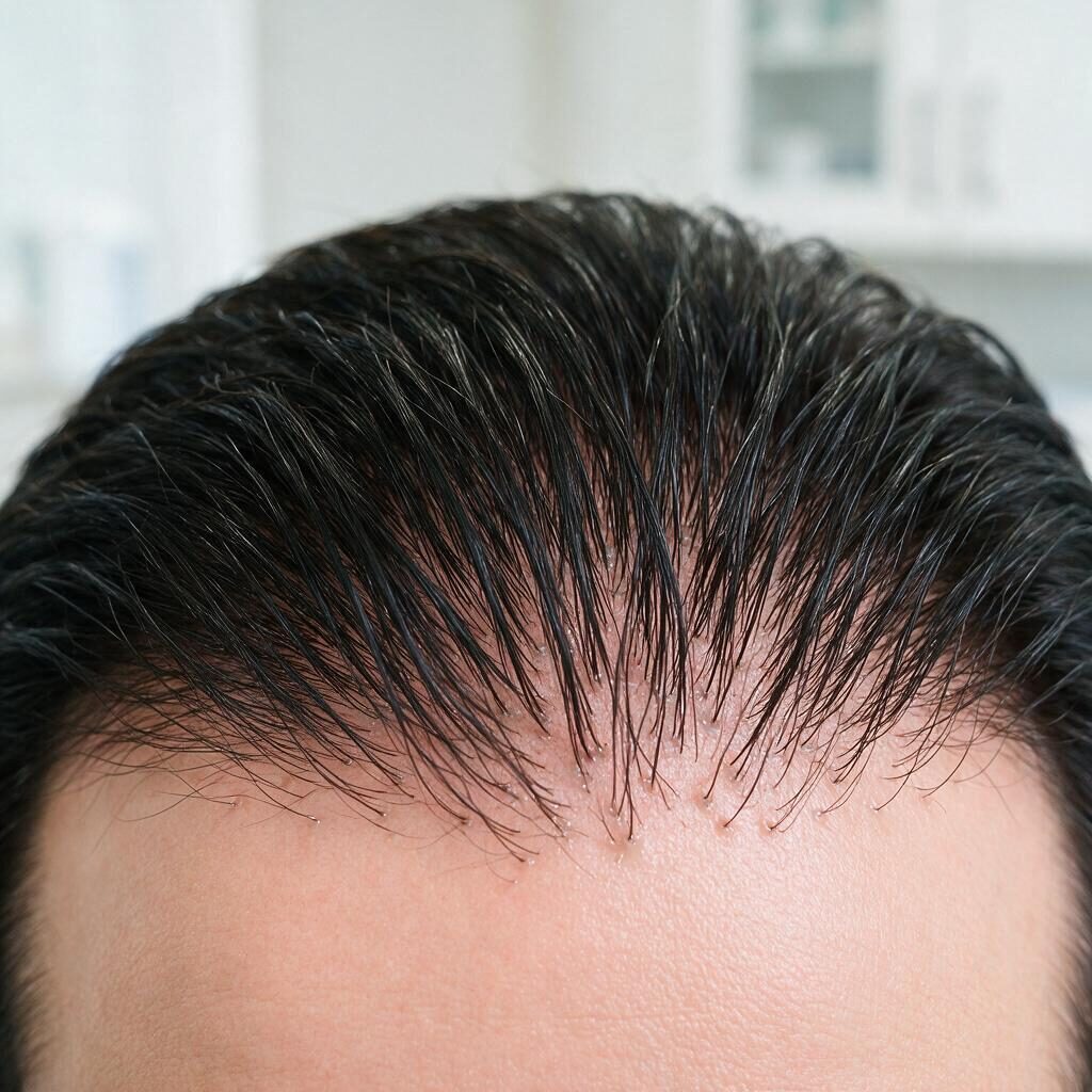 Close-up of dense healthy dark hair on a scalp showing a natural hairline