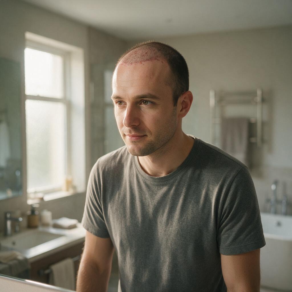Man checking his healing hairline in a mirror weeks after a hair transplant
