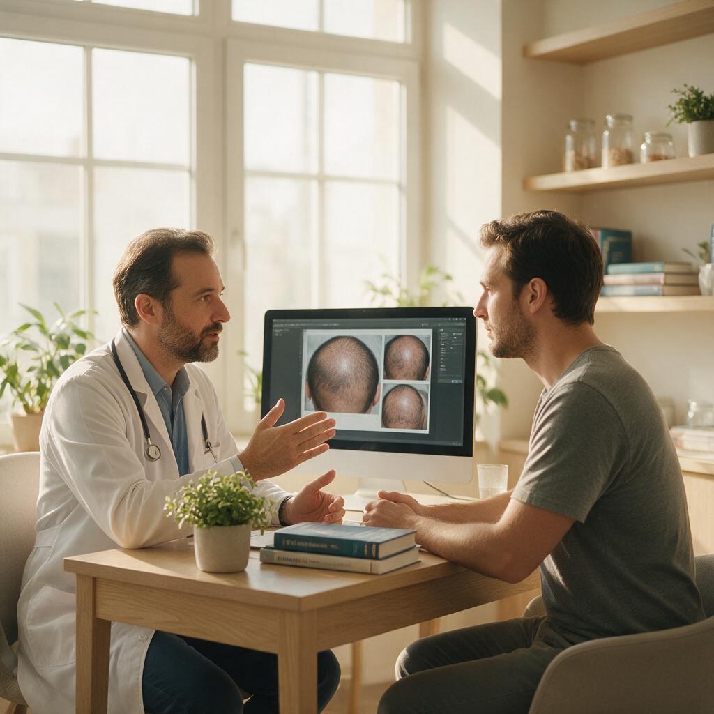 Hair transplant doctor giving honest advice to a patient during a consultation