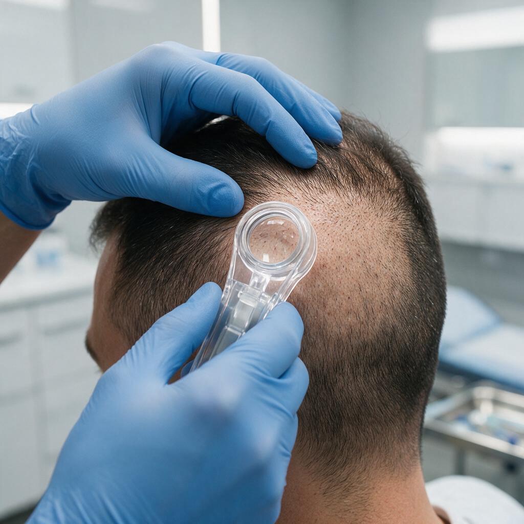 Technician examining the donor area at the back of a male patient's scalp with a trichoscope