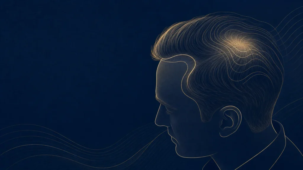 Ilustración de la cabeza de un hombre de perfil con líneas doradas que marcan entradas y una coronilla despoblada
