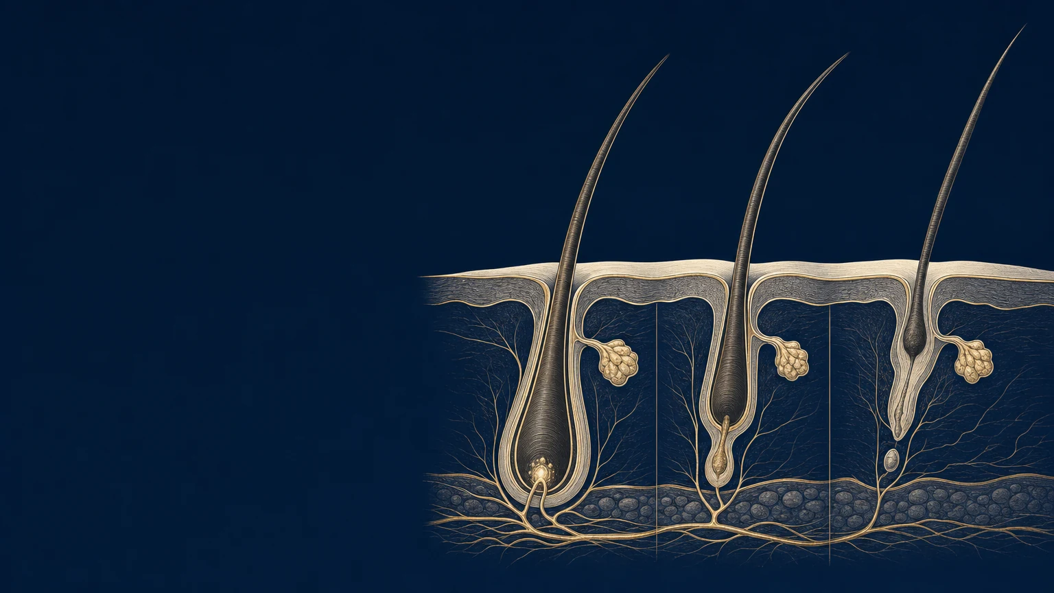 Illustration of scalp hair follicles in the growing, resting and shedding phases of the hair cycle