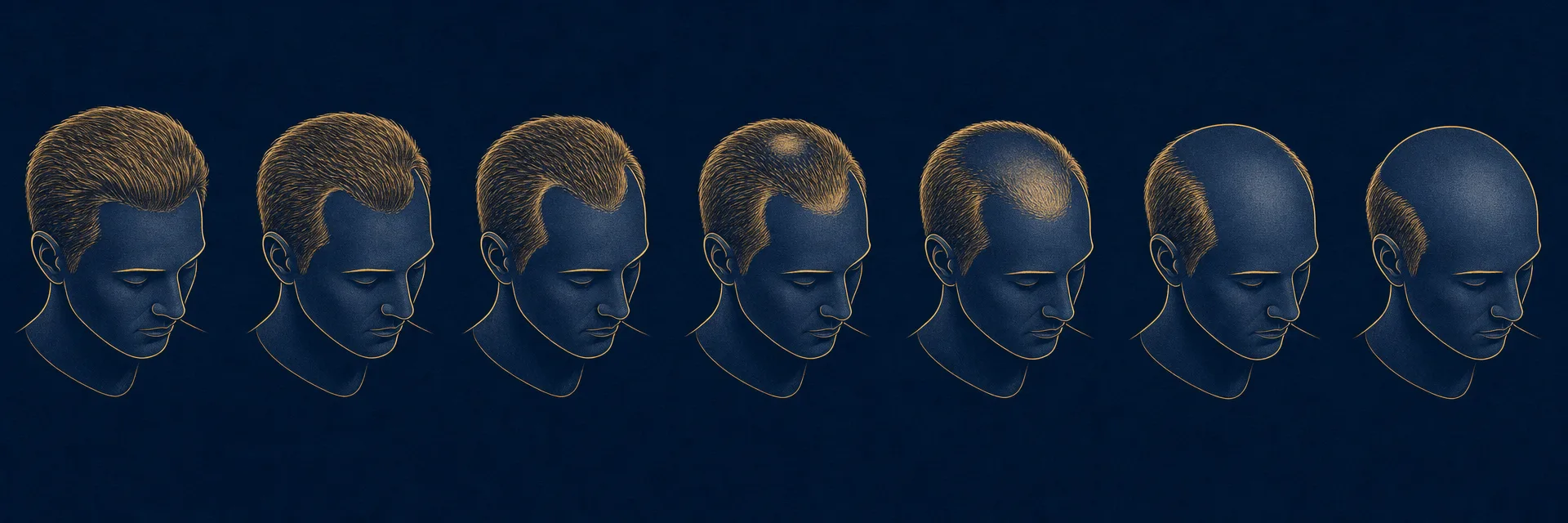 Ilustración esquemática de siete cabezas que muestra la progresión de la calvicie masculina, desde la línea frontal completa hasta una banda estrecha de pelo en los lados y la nuca